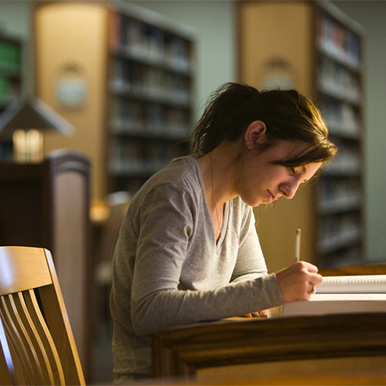 Student sitting at a desk reading and making notes.